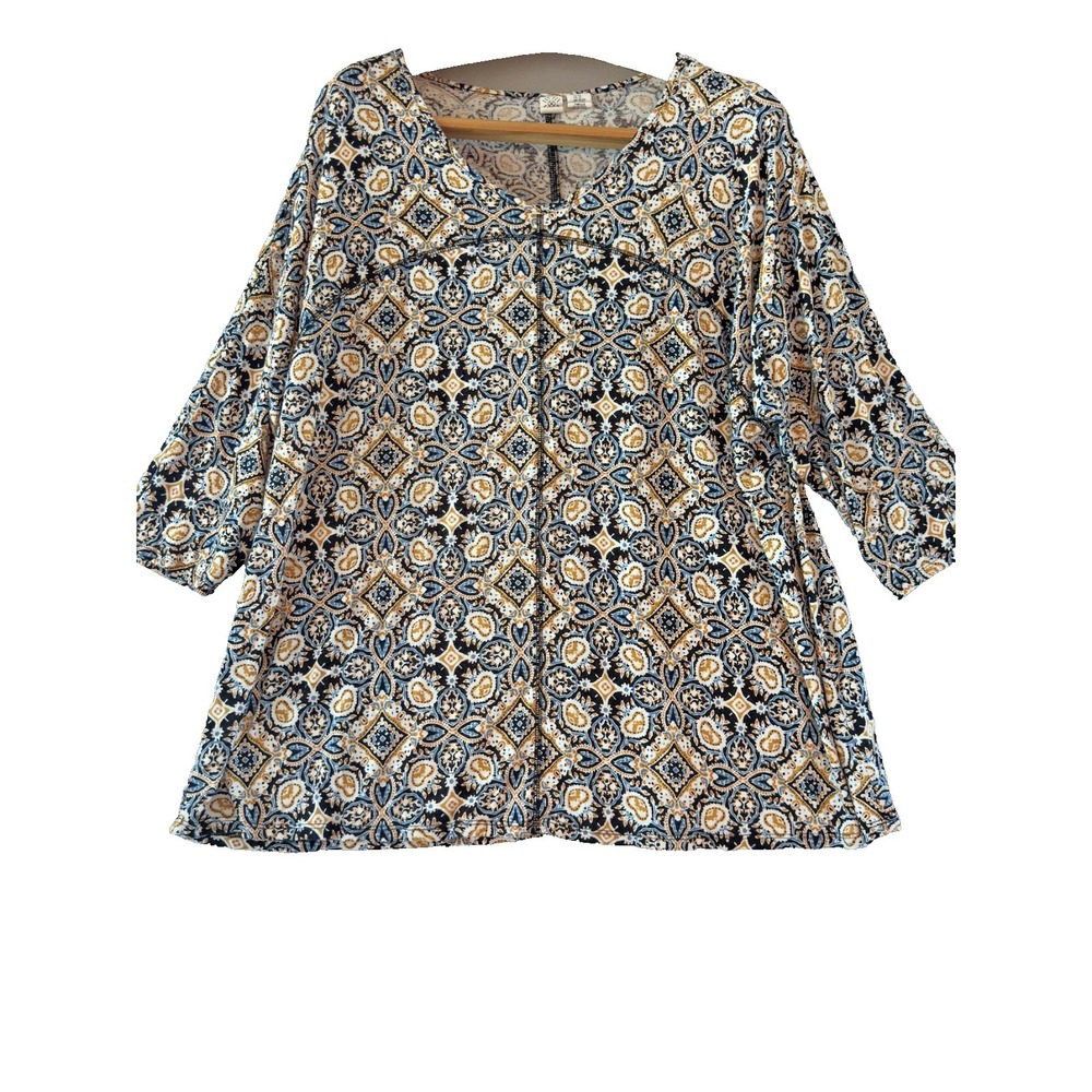Artisan NY Women's 2X Boho Tunic Top Viscose Stretch Hippie Print Stitch Detail